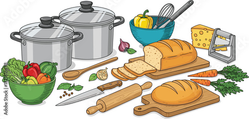 Kitchen Prep Still Life with Fresh Ingredients Arranged on White Backdrop, Ready for Cooking Illustration for Recipe Book, Culinary Blog, or Food Presentation, Featuring Vegetables, Bread, and Utensil