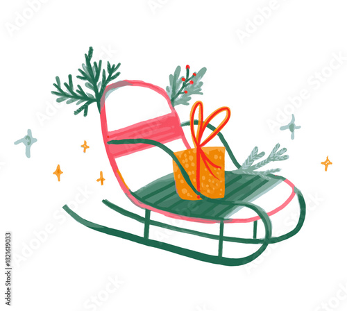 Christmas sledge with gift, greeting card hand drawn illustration