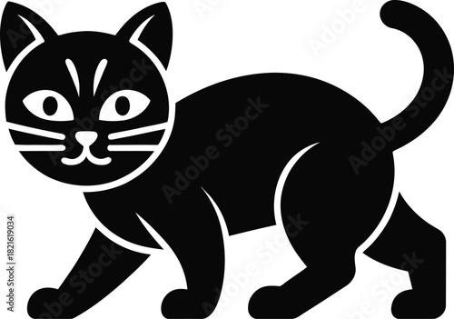 Vector stylized black cat silhouette walking, a simple and elegant feline icon with whiskers and tail, perfect for design elements