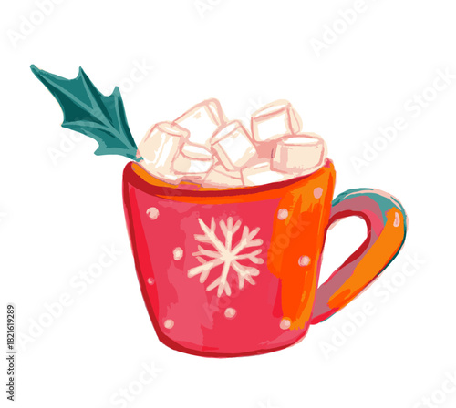 Hot chocolate mug, cocoa with marshmellow, cozy winter drink illustration isolated