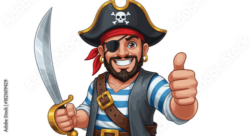 Cheerful Pirate Cartoon Giving Thumbs Up with Cutlass: Fun-Loving Buccaneer Character Illustration for Children's Books, Educational Material, Fantasy Games, Advertising; Sea Adventure Mascot, Friendl