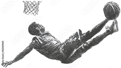 Dynamic basketball player performing a powerful slam dunk in a vintage illustration style, isolated on white background for sport action.