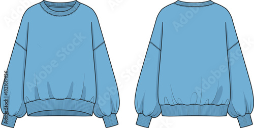 Blue Crewneck Sweatshirt Vector, Dropped Shoulder Technical Flat with Voluminous Bubble Sleeves Apparel