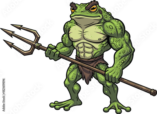 Muscular Frog Warrior Holding Trident Stance in Fantasy Land, Protector of Wetlands, Amphibian Guard in Cartoon Style Illustration for Children's Book, Game Art, Mythical Creature, Fierce Defender, Ri