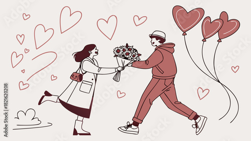 Man giving flowers and balloons to woman surrounded by hearts in a romantic valentine setting