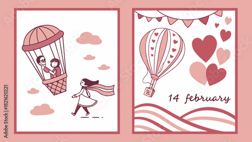 Two valentine's day themed illustrations with hearts, balloons, and a running girl in pink tones