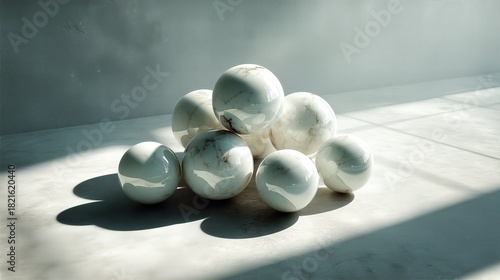 Glossy ceramic spheres arranged in irregular clusters on a neutral matte surface, soft reflections and subtle pooled shadows forming a futuristic product display background