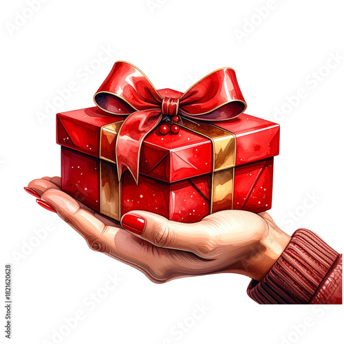 Hand red gift christmas with white background.