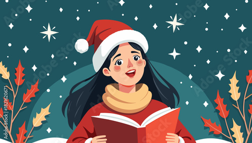 A young woman sings carols holding red book under starry winter sky with festive foliage around, magical holiday atmosphere