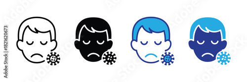 Set of icons representing a sad face with closed eyes next to a virus symbol, symbolizing illness, sickness, and the covid-19 pandemic