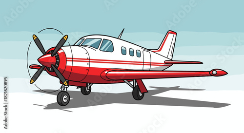 Cartoon Airplane Flying: Red & White Propeller Aircraft in Flight, Illustration for Aviation Enthusiasts, Kids' Books, Educational Material, Transportation Design, Travel Marketing, Clean, Modern Styl