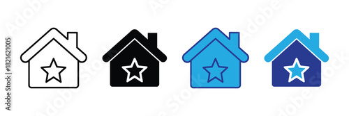 House icon with star symbol variations: outline, solid black, bright blue, and dark blue, representing quality and favorites.
