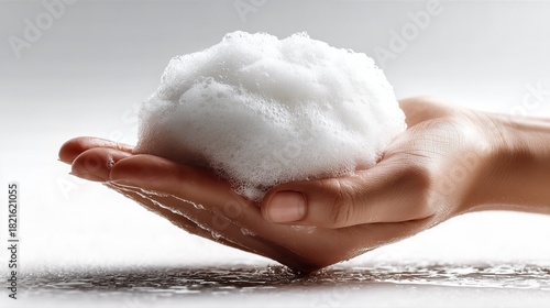 Close-up studio shot of a hand holding a soft foam soap mound against a clean white background, focus on thumb and index finger with gentle shadows adding depth