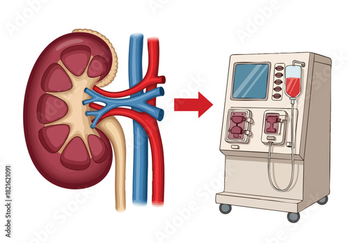 Dialysis Process Illustration of Kidney and Hemodialysis Machine for Medical Education