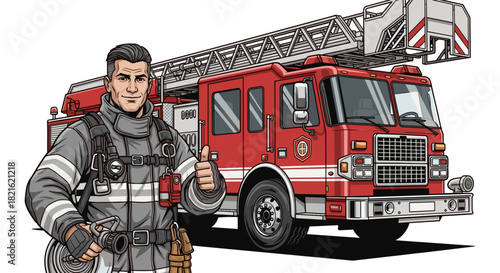 Confident Firefighter Giving Thumbs Up near Firetruck Ready for Emergency Response in Urban Setting,  Promoting Safety Awareness and Heroism, Cartoon Vector Illustration for Education, Marketing and P