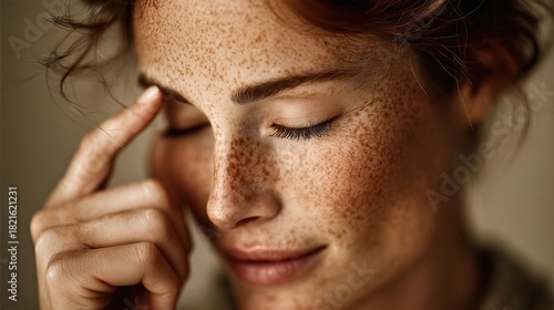 Beauty close-up of a freckled woman touching her forehead with a fingertip coated in face cream, neutral beige backdrop and soft side lighting emphasizing natural skin texture