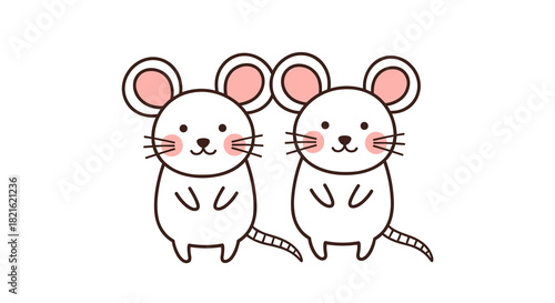 Adorable Mouse Duo Standing Side-by-Side in a Playful Manner, Cute Cartoon Rodents Posing Together with Pink Ears, Ideal for Children's Illustrations, Animation, and Educational Material, Animal Masco