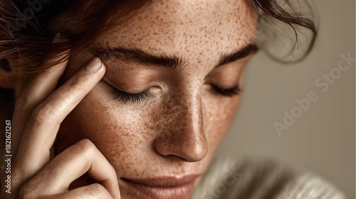 Beauty close-up of a freckled woman touching her forehead with a fingertip coated in face cream, neutral beige backdrop and soft side lighting emphasizing natural skin texture