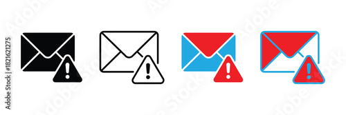 Email alert icons: a set of four vector illustrations showing a closed envelope with an exclamation mark inside a warning triangle in solid black, outline, blue and red color schemes.