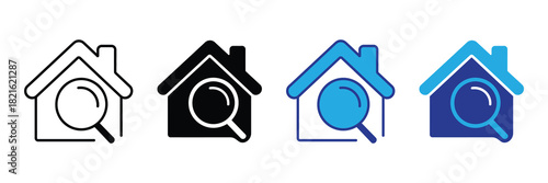 House search icon, magnifying glass symbol, real estate inspection, property finding, and home exploration icons in various styles.