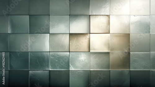 Ultra-minimal grid of frosted glass tiles with subtle internal refractions, soft cyan and beige tones and tiny surface scratches forming a clean architectural abstract background