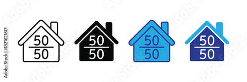 Collection of four house icons with 50/50 split notation, symbolizing division, equality, or choice in real estate and ownership