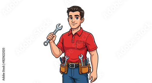 Smiling Cartoon Tradesman Holding Wrench: Maintenance Professional Repairing, Ready for Plumbing Services, Skilled Technician in Red Polo with Toolbox Belt for Construction Presentation, Trades, Engin