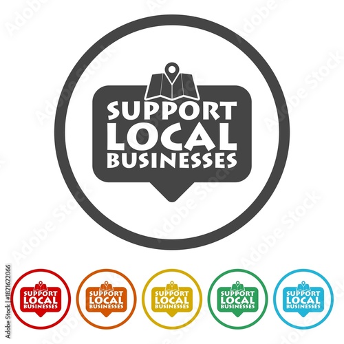 Support local businesses icon. Set icons in color circle buttons
