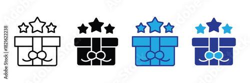 Gift box with three stars on top, icon representing reward, surprise, celebration, and special offer, isolated vector graphic