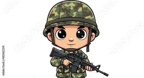 Cartoon Soldier Holding Rifle Ready for Battle: Cute Military Mascot in Camouflage Uniform on Mission, Defense Concept, Patriotic Image for Kids, War Game, Illustration for Education, Presentation, Pa