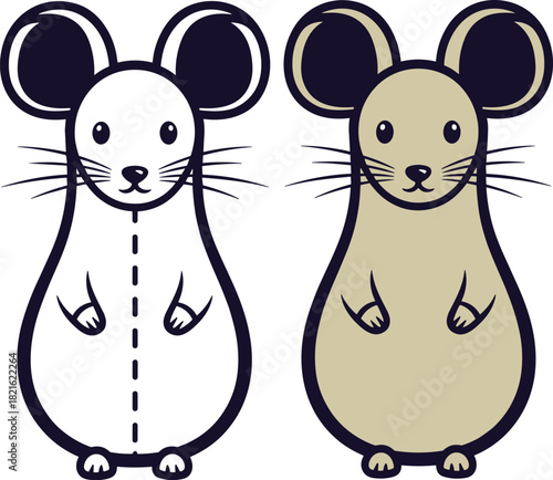 Stylized Mice Illustrations: Two Cartoon Rodents Standing Side-by-Side in Black and White Outline and Soft Beige Color, Representing Animal Characters for Children's Education, Graphic Design, Wildlif