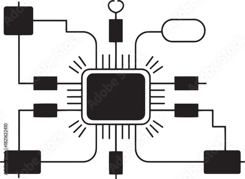 Microchip Circuit Diagram – Technology Processor Connection Line Art Vector, microchip, circuit, processor