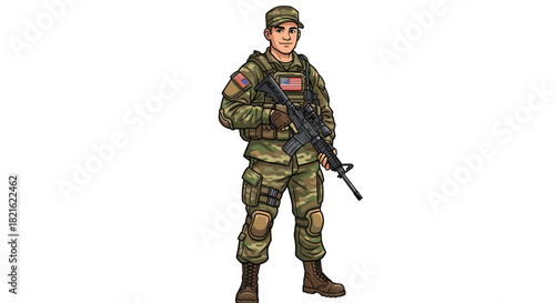Confident U.S. Army Soldier Standing Guard, Holding Rifle, Protecting Homeland in Camouflage Uniform Against Terrorism Threat, Ideal for Military Training Material, Patriotic Presentation Graphics,  D