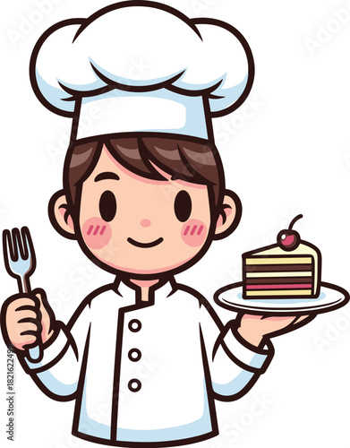 Cheerful Cartoon Chef Presenting Slice of Cake in Restaurant Setting: Cute Pastry Artist with Dessert Ready to Serve for Bakery Advertising, Culinary Arts, Food Presentation, and Hospitality Business,
