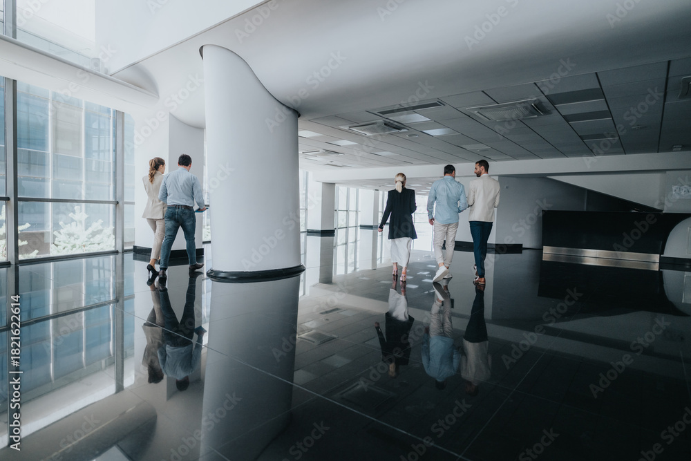 Obraz premium A group of people walks through a spacious, contemporary office lobby, reflecting on the polished floor and bright windows, conveying movement, collaboration, and urban work life.