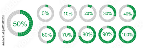 Percentage infographics simple elements. Round diagrams icons for infographics from 0 to 100 percent. Colour fill divided pie charts indicators in  Mockup of circle graph loading