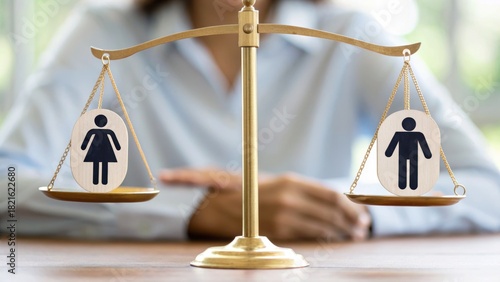Social Security Contribution Concept. A balance scale depicting gender symbols representing equality and justice.