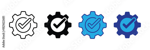 Gear with checkmark icon symbolizing successful process, workflow, and task completion in different styles and colors