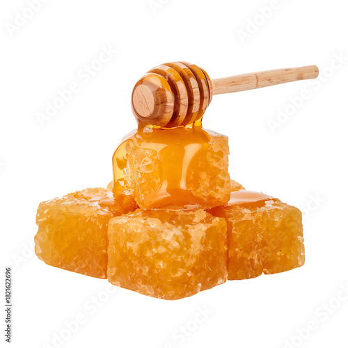 Honey Dripping From Wooden Dipper Onto Golden Honeycomb Pieces in a Bright Se...