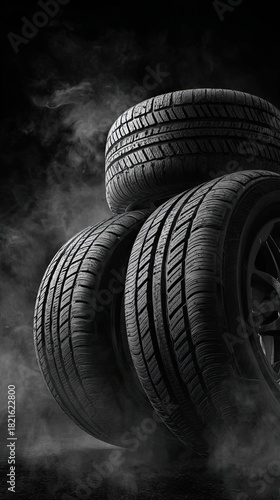 Close-up of four tires on a black background. Frosty fog. Studio photo.