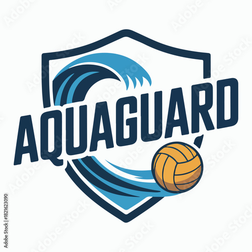 Aquaguard water polo shield with crashing wave and yellow ball, aquatic team logo emblem, modern pool sport branding vector illustration