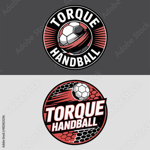 Torque Handball badge set with two circular marks, dynamic ball and motion stripes, modern indoor court sport logo vector for teams, clubs and competitions