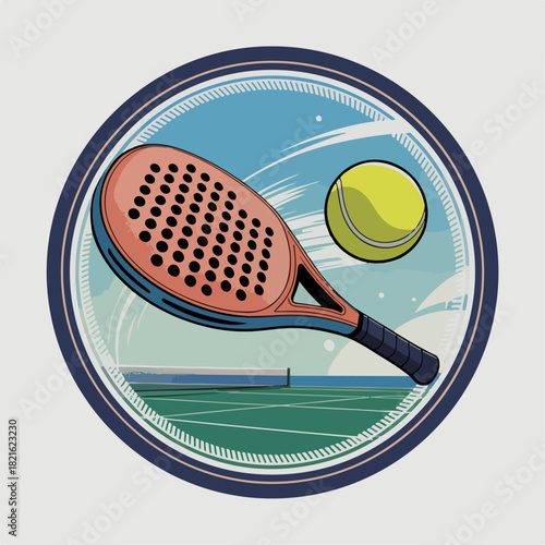 Padel racket and tennis ball in dynamic circular frame above coastal court, sporty beach style vector illustration for clubs, lessons and tournament branding