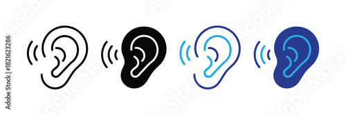 Set of four ear icons with sound waves, representing hearing, listening, audio, and sound reception in various styles, isolated