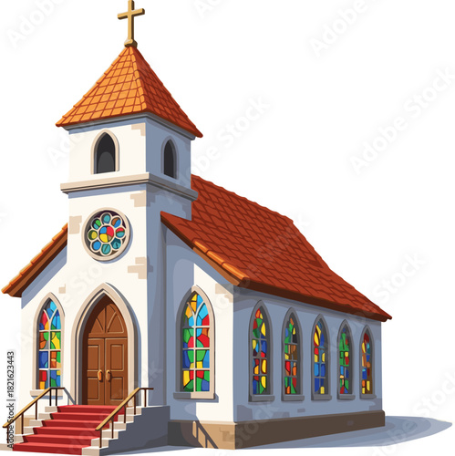 Cartoon Church Building Isolated: A Whimsical Architectural Illustration for Religious Education and Faith-Based Projects, Ideal for Children's Books, Sunday School Materials, & Community Events Featu