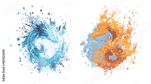 Abstract elemental dragons: fiery orange and icy blue water splashes forming mythical creature shapes, representing power and contrast.