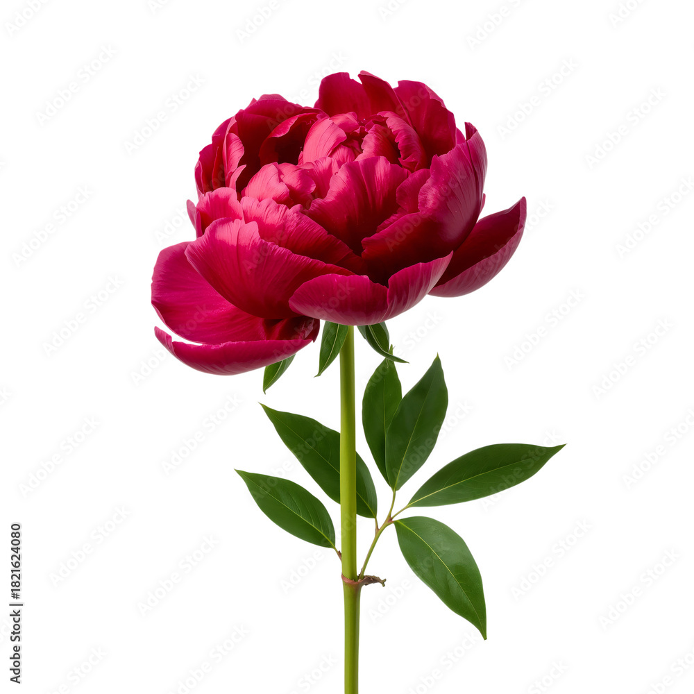 Fototapeta premium Beautiful Red Peony Bloom With Green Leaves on a White Background