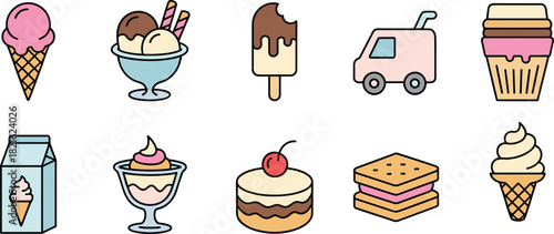 Cute vector icons set illustrating various ice cream desserts, cones, truck, cake, and sweet frozen treats collection.