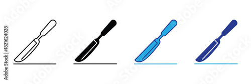 Collection of scalpel icons: line art, silhouette, blue, and dark blue styles on white background for medical and surgical concepts