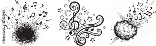 Abstract Musical Elements with Exploding Notes, Swirls, and Treble Clefs
